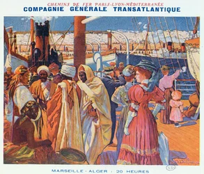 Cartel publicitario del servicio marítimo de la «Compagnie Générale Transatlantique» de Marsella a Argel en 20 horas, 1909